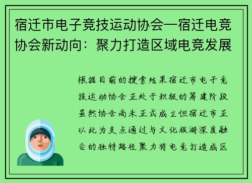 宿迁市电子竞技运动协会—宿迁电竞协会新动向：聚力打造区域电竞发展新引擎